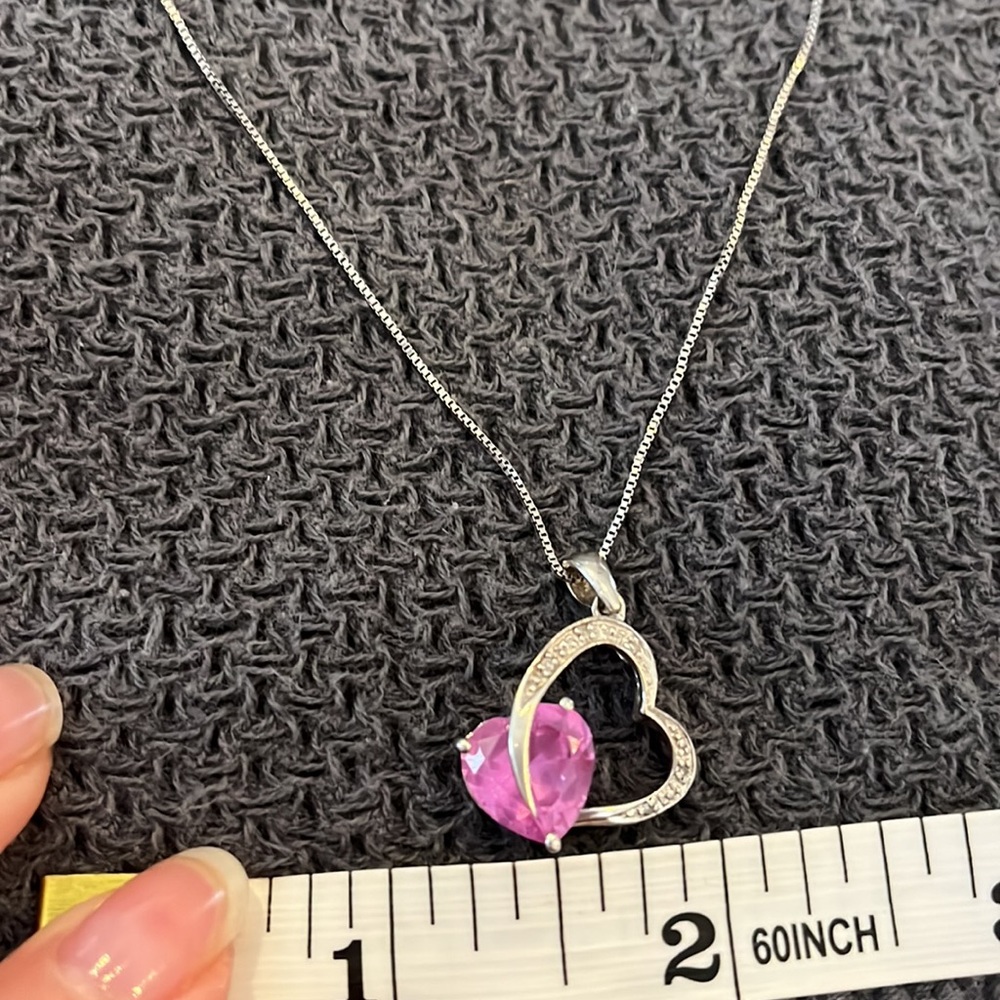 Pink and white sapphire heart-shaped necklace in .925 sterling silver. - Picture 6 of 7
